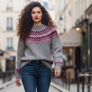 Vintage Hand Knit Icelandic Wool Blend Fair Isle Sweater Gray Pink Purple S